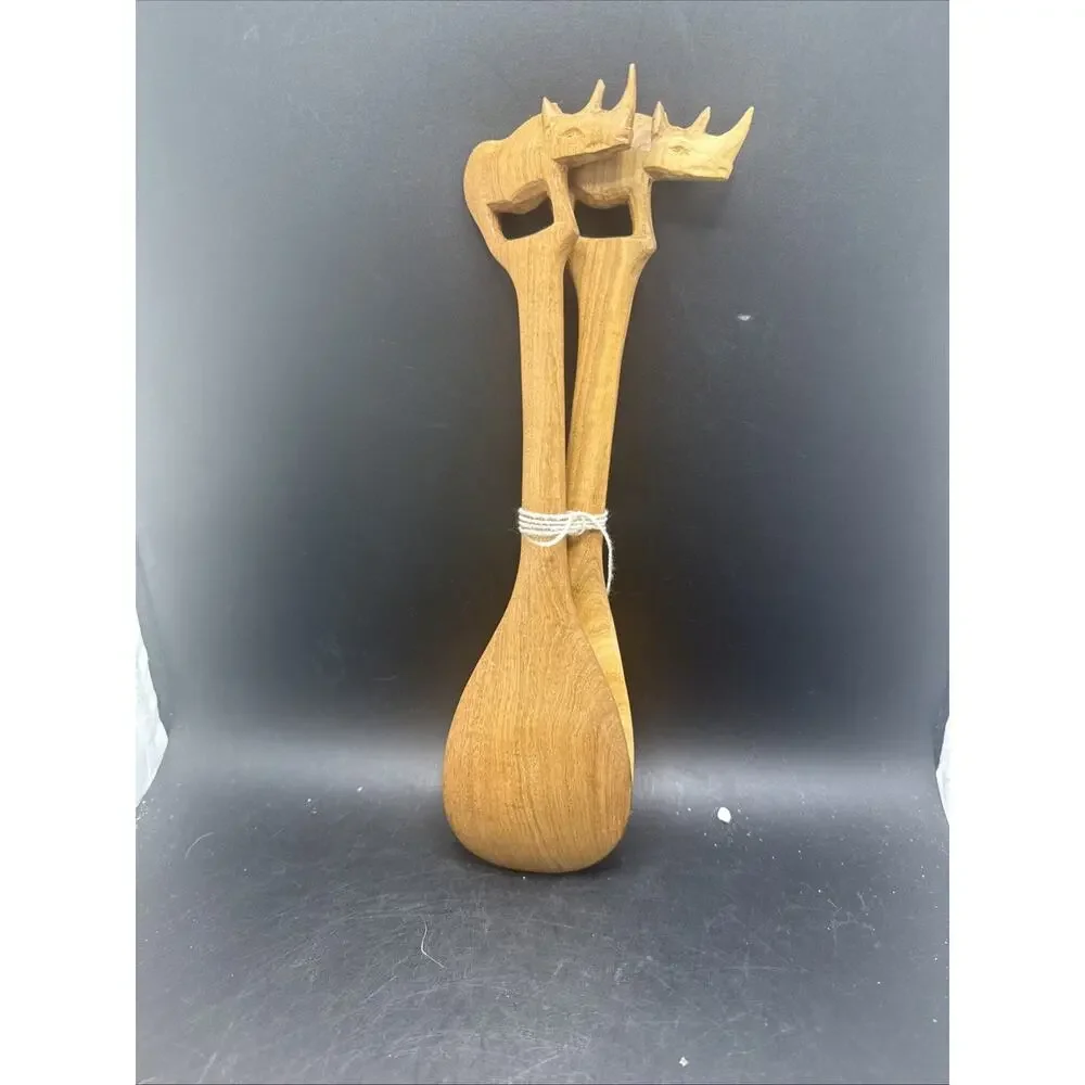 Vintage Hand Carved Wooden Rhinoceros Salad Serving Spoon Fork Teak Wood Set
